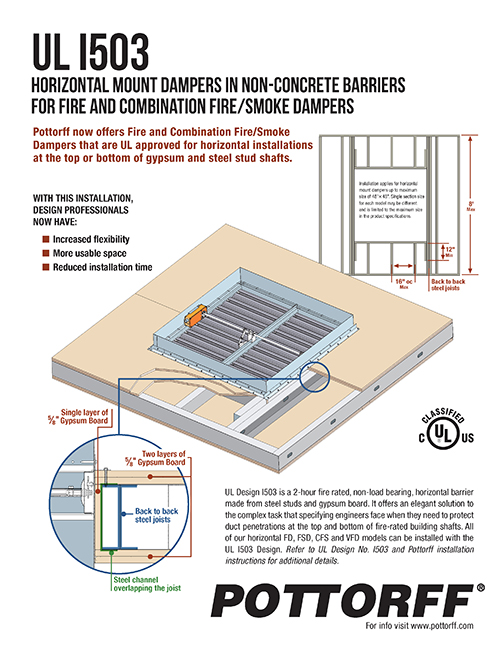 UL approved for horizontal installations at the top or bottom of gypsum and steel stud shafts